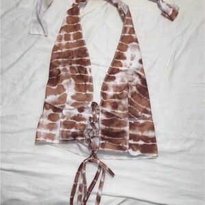 Fashion Nova Brown and White Tie-Dye Halter Blouse